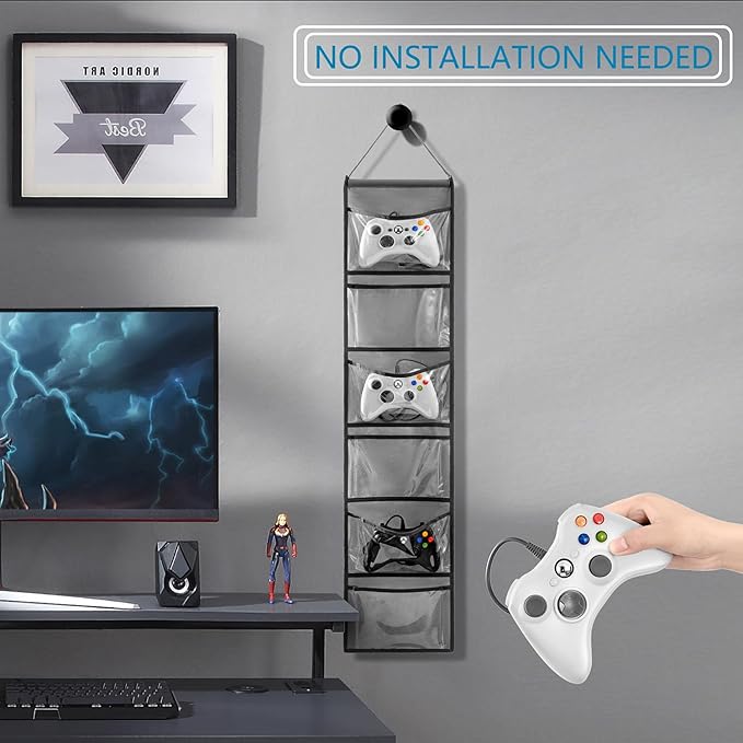 Hanging Controller Holder Classroom Headset Headphone Storage Bag Switch Game Organizer for Gaming Accessories Electronic Supplies X-box PS5 PS4 (6 Pockets)