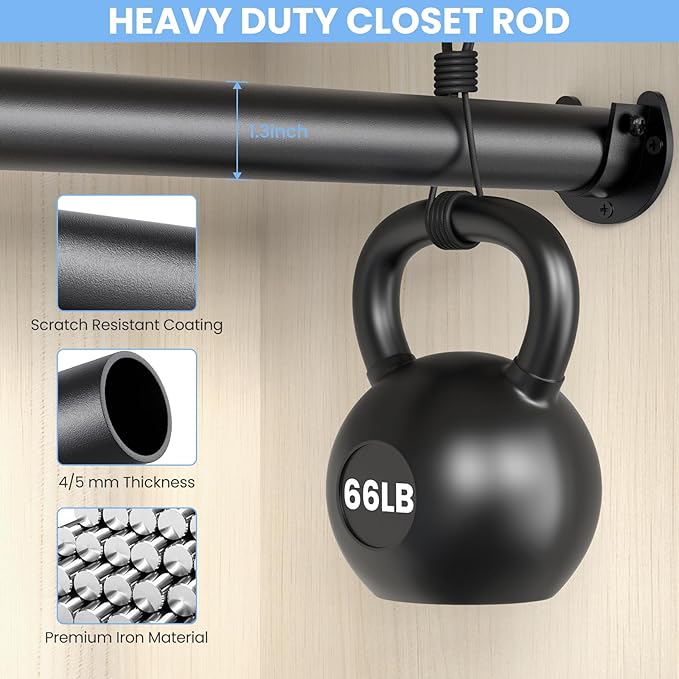 Closet Rods for Hanging Clothes, 17 to 69 Inch Stepless Adjustable Closet Rod, 1.3 Inch Diameter Metal Heavy Duty Closet Hanging Rod for Closet Wardrobes Laundry RV, Black