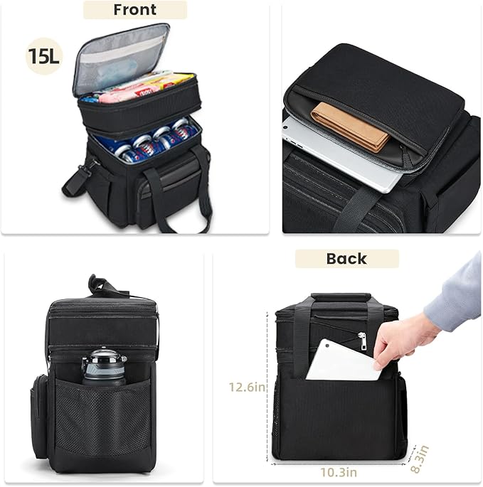 Insulated Lunch Bag & Lunch Box for Men - Double Deck Reusable Lunch Bag for Women Tote Cooler Bag Leakproof Soft Expandable - Large Lunchbox for Work/Adult/Picnic/Outdoor (Black，15L)