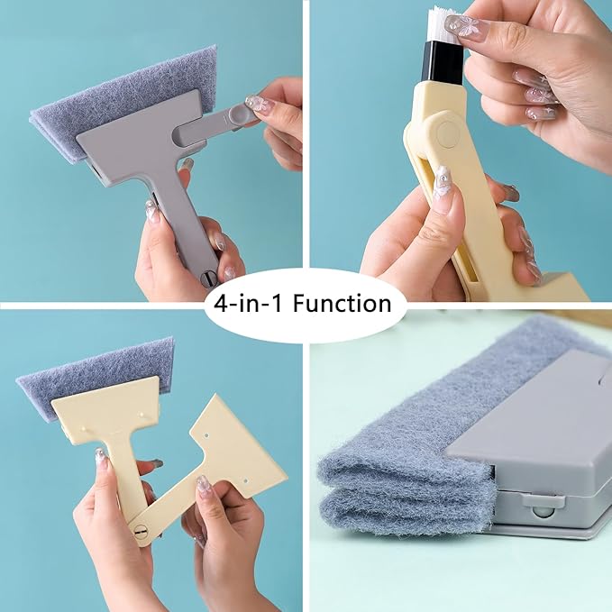 Window Track Cleaner Tool, 4Pcs 4-in-1 Groove Cleaning Brush (with Bristle Brush, Gap Dustpan, Scraper), Washable Cleaning Gadgets for Sliding Door, Sill, Car Vents (Blue + Yellow + 2Gray)