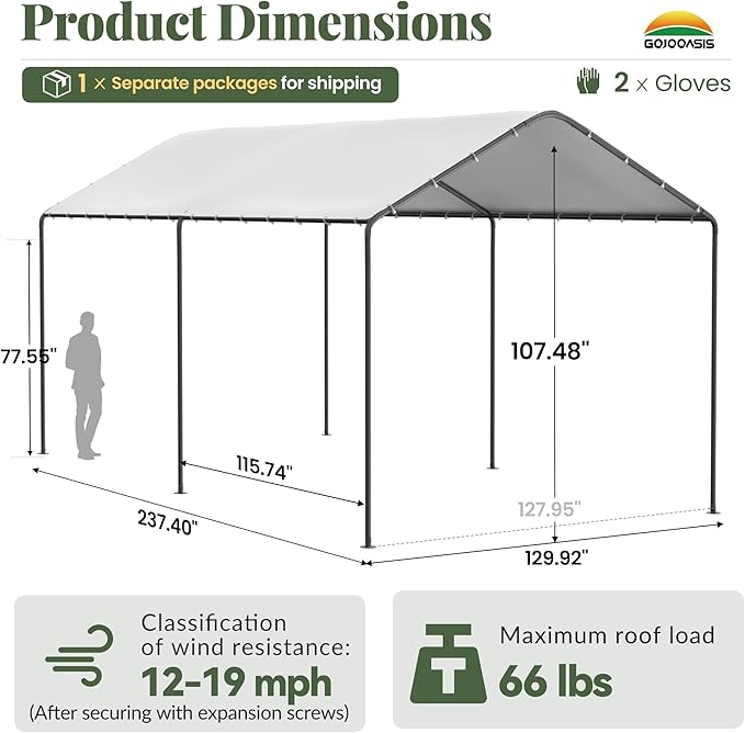 GOJOOASIS 10x20 Carport Heavy Duty Portable Garage Shelter Metal Car Canopy Tent with UV-Resistant & Weatherproof Top Cover for RV & Vehicles (White, 10x20 Without sidewalls)