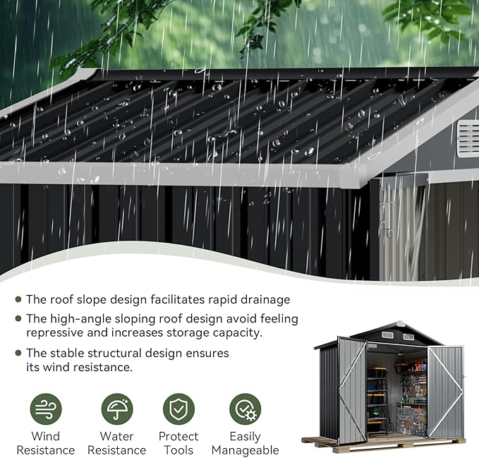 Aoxun 6.2x4 FT Shed Outdoor Galvanized Storage Shed with Large Lockable Doors for Lawn, Backyard, Patio (Black)