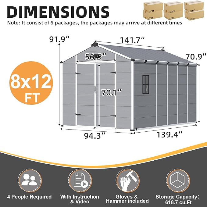 MELLCOM 8 x 12 FT Resin Outdoor Storage Shed with Floor, Outdoor Storage Tool Shed with Windows and Lockable Door, Resin Garden Shed for Garbage Can, Lawnmower, Bike