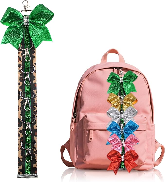 ALIBBON Cheer Bow Holder Glitter Green Leopard Print Hair Bow Holder Cheer Keychain for Cheerleading Backpack Bag Cheerleader Gifts Sports Cheerleading Bows Storage Hanging Ribbon Chain with 5 Clasps