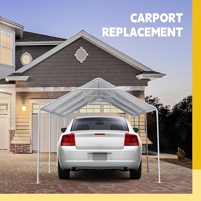 12 x 20 ft Heavy Duty Carport Canopy Waterproof Garage Car Shelter Tarp Tent for Car Canopy Replacement Cover with 50 Ball Bungees, Only Top Cover, Frame is Not Included