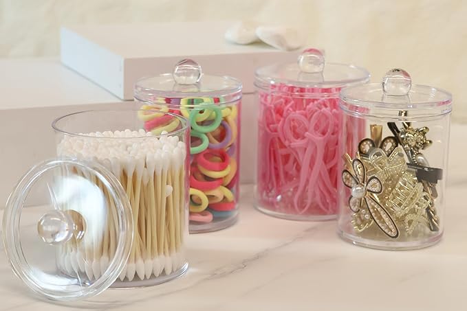 2 Pack Acrylic Qtip Holder Dispenser,Canisters Apothecary Jar Set, Vanity Makeup Bathroom Organizers and Storage Set, 10oz