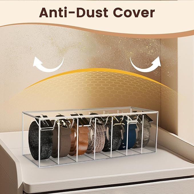Acrylic Belt Organizer with Separated Cover, 7 Compartment Clear Storage Case for Belts, Ties & Bow Ties | Closet & Drawer Display Holder for Men & Women Dust-proof Rack