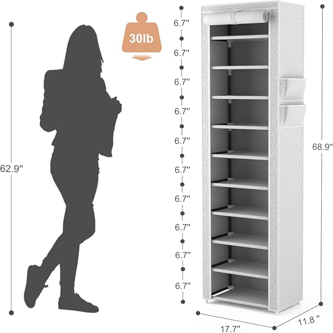 VTRIN Vertical Narrow Shoe Rack Organizer Tall Shoe Rack for Closet Entryway 10 Tier Non-Woven Cover Shoe Shelf Holds 20-22 Pairs Free Standing Shoe Storage Cabinet with Dustproof Cover, Multi Color