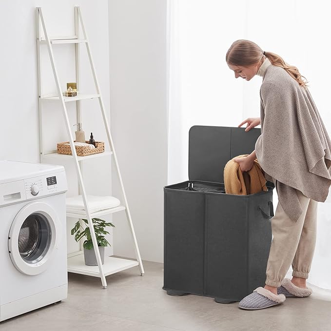 Lifewit Double Laundry Hamper with Lid and Removable Laundry Bags, Large Collapsible 2 Dividers Dirty Clothes Basket with Handles for Bedroom Laundry Room Closet Bathroom College, 136L Black