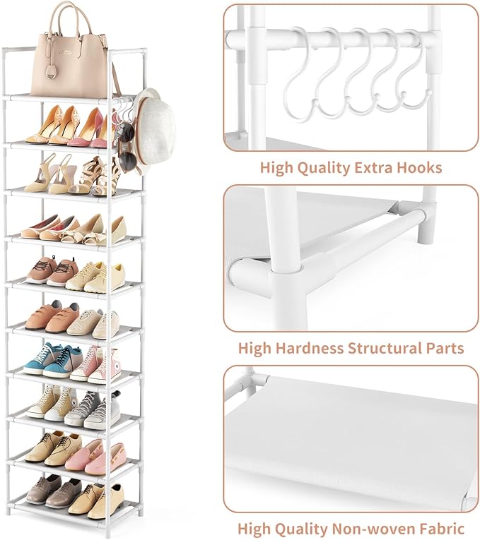 10 Tiers Tall Shoe Rack 20-25 Pairs Boots Organizer Storage Sturdy Narrow Shoe Shelf for Entryway, Closets with Hooks, White
