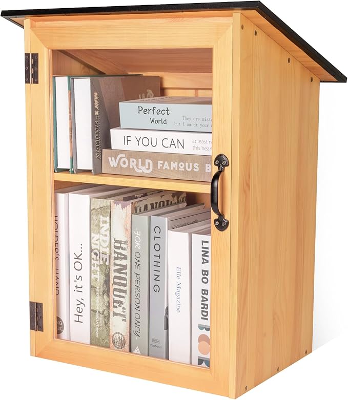 Outdoor Library Book Box - Double Free Literature Exchange Box Outdoor Book Storage Little Wood Cabinet with Shelf for DIY, Neighborhoods Community and Schools Sharing Books, Literature and Newspapers