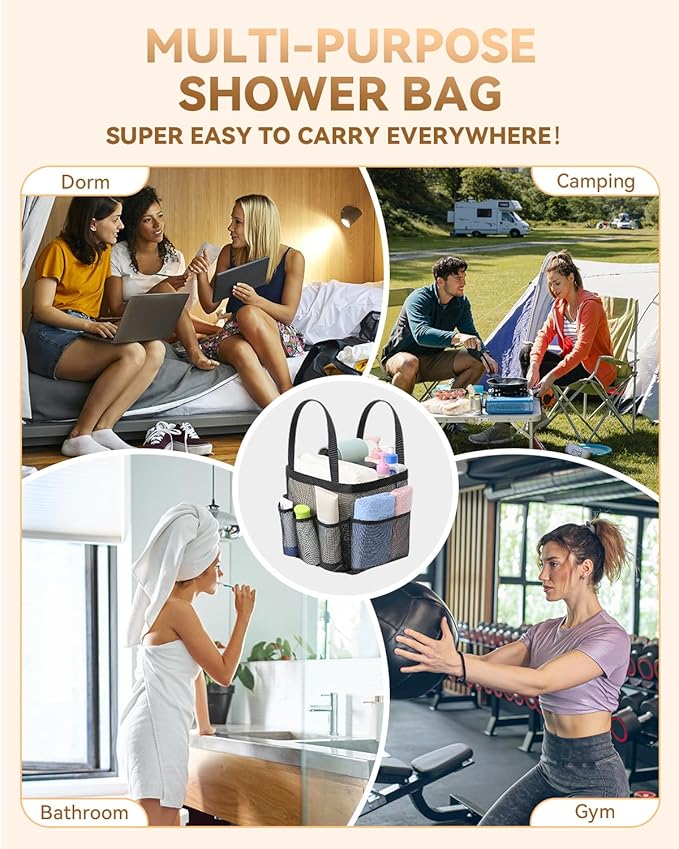 Temede Mesh Shower Caddy Tote, Large Shower Caddy Basket Portable, Quick Dry Hanging Toiletry Bag, 8 Storage Pocket Handle Bath Organizer for College Dorm, Gym, Camp, Travel