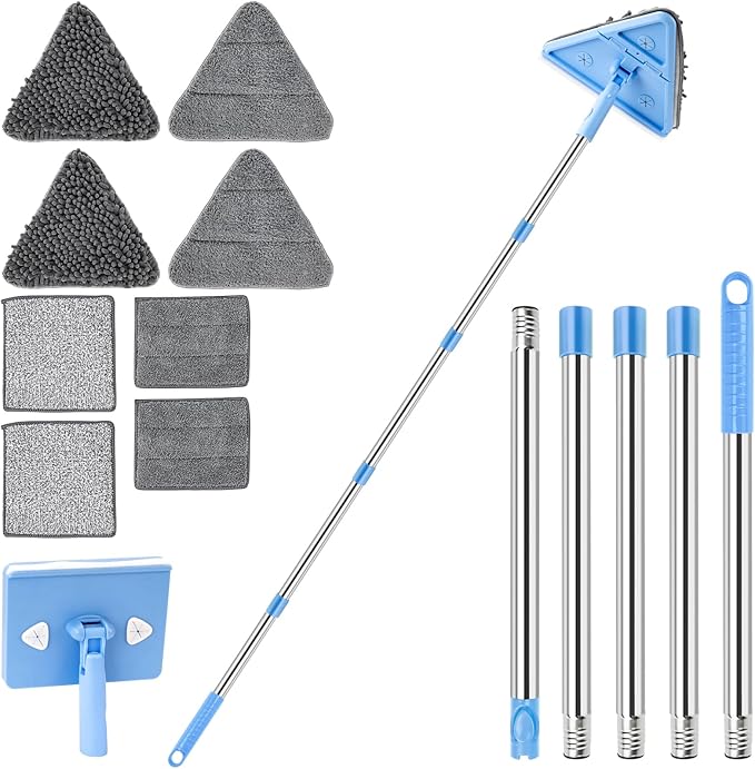 Wall Cleaner Mop with Long Handle 86 Inches, 4-in-1 Ceiling Cleaning Tool Duster with 8 Replacement Microfiber Chenille Pads for Walls, Baseboard, Ceiling, Window, Floor, Cabinet (Light Blue)