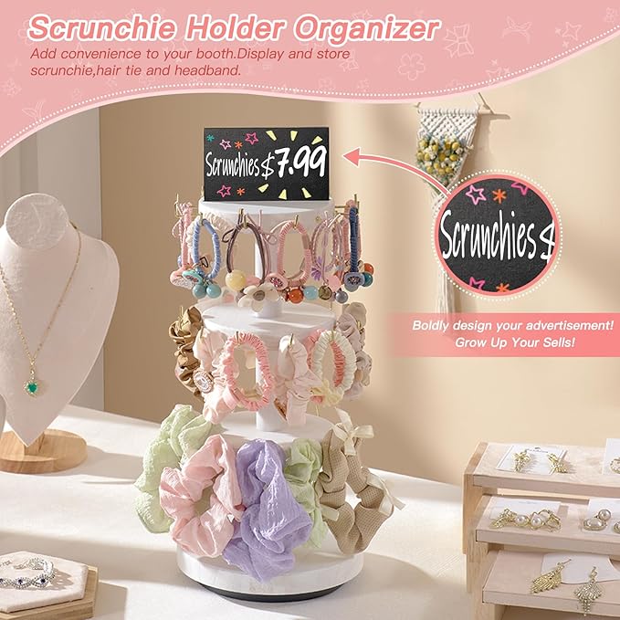 Pinzoveco Scrunchie Holder, 3 Tier Hair Accessories Organizer, Rotating Hair Tie Organizer with 36 Hooks Storage Display Scrunchie Organizer for Women and Girls, White and Gold