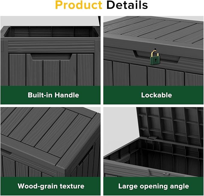 46 Gallon Outdoor Deck Box, Lockable Waterproof Outdoor Storage Boxes For Garden Tools,Indoor Cushions,Accessories Outside Storage Resin Weatherproof Container(Black)