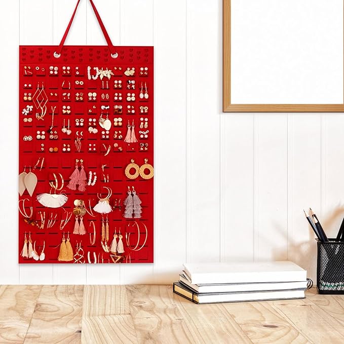 Uonlytech Hanging Jewelry Organizer Storage Bag Thickened Felt Red Wall-Mounted Jewelry Display Holder for Earrings Necklaces Bracelets Household Accessory Organizer