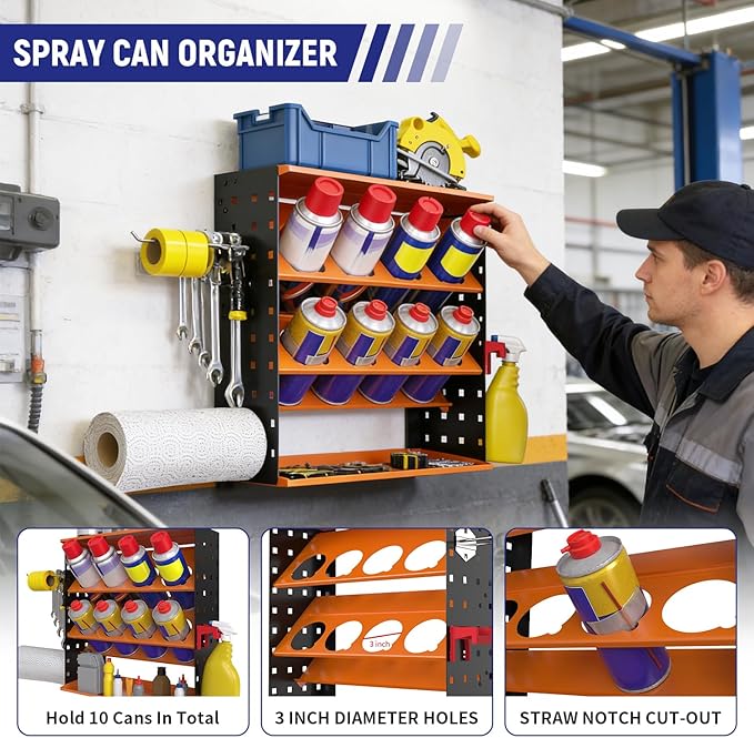Wall Mount Spray Can Holder, Aerosol Spray Bottle Holder Storage Rack, Heavy-Duty Paint Bottle Organizer with 8 Can Holes & 4 Steel Hooks, 4 Plastic Hooks for Garage, Shop, Home or Tool Trailer