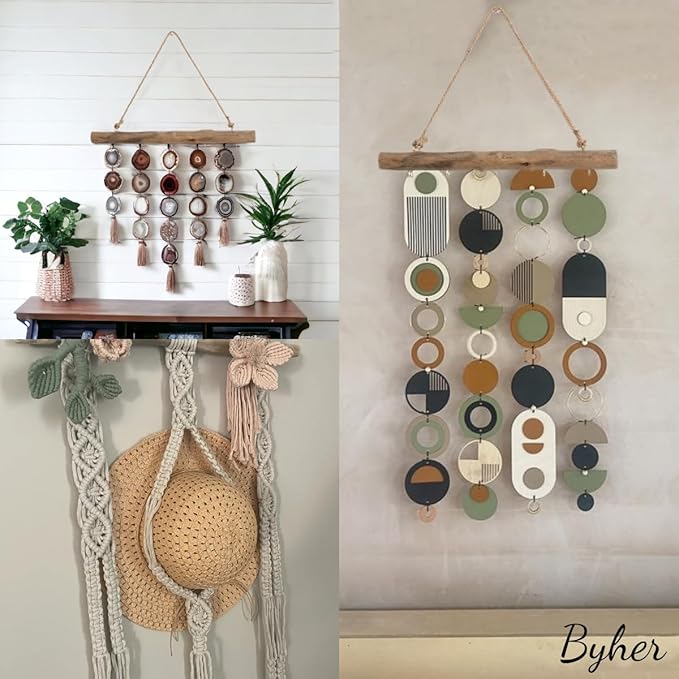 BYHER 15-Inch Driftwood Wall Hanging Jewelry Hanger - Rustic Wood Logs Hanging Branch Decor with 5 Hooks, Handcrafted from Natural Drift Wood Pieces for Crafts (Rustic)