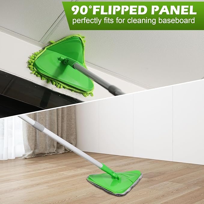 RONSUNG Wall Cleaner Triangle Mop with 82'' Long Handle - Wall Scrubber, Cleaning Washer Tool with 6 Pads for Clean Walls, Ceiling, Windows, Floors, Baseboards (Green)