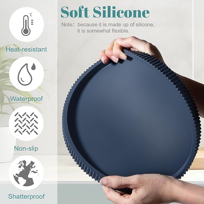 Silicone Bathroom Tray Round Kitchen Counter Organizer Decorative Vanity Accessories Coffee Table Decor for Perfume, Candle, Soap Dish, 12 Inch, Dark Blue