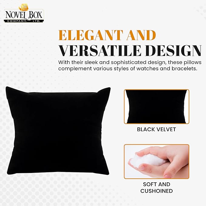 Novel Box 2 Pack Black Velvet Jewelry Display Watch Pillow 3x3 Inches - Bracelet Pillows for Easy Care & Soft Protection - Watch Cushion for Birthday, Valentine’s Day & Wedding Gift Displays
