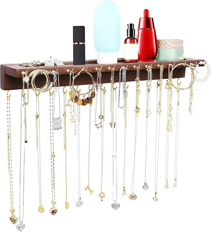Necklace Holder, Upgraded Extra Large Wall Necklace Organizer with 30 Hooks Wall Mounted Necklace Hanger with Jewelry Tray/Cosmetics Shelf Rustic Pine Wood Holder (Walnut)