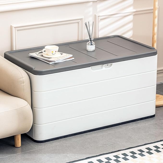 Outdoor Storage Deck Box Waterproof, 100 Gal Pro Large Lockable Patio Storage Bin Chest, Resin Outside Container Seat Bench for Furniture Cushions, Pool Accessories, Garden Tools & Delivery, White