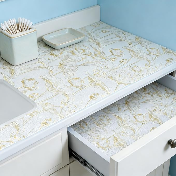 Shelf Liners Non Adhesive Light Base Gold Lotus Pattern - Thickened Non-Slip Easy to Clean Drawer Liner for Kitchen Cabinets, Tool Box, Refrigerator, with Knife & Tape Measure, 12in x 20FT