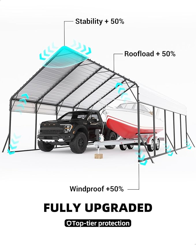 GarveeLife 20'x25'x13' Metal Carport for 2 Cars, Heavy Duty Car Ports with Reinforced Frame, Tall Metal Car Ports for Bass Boats, Full-Sized Pickup Trucks, and Tractors