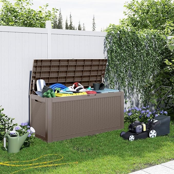 120 Gallon Outdoor Deck Box,Waterproof Resin Outdoor Storage Boxes, Outside Storage Lockable Container for Garden Tools,Indooor Cushions,Accessories (Grey)