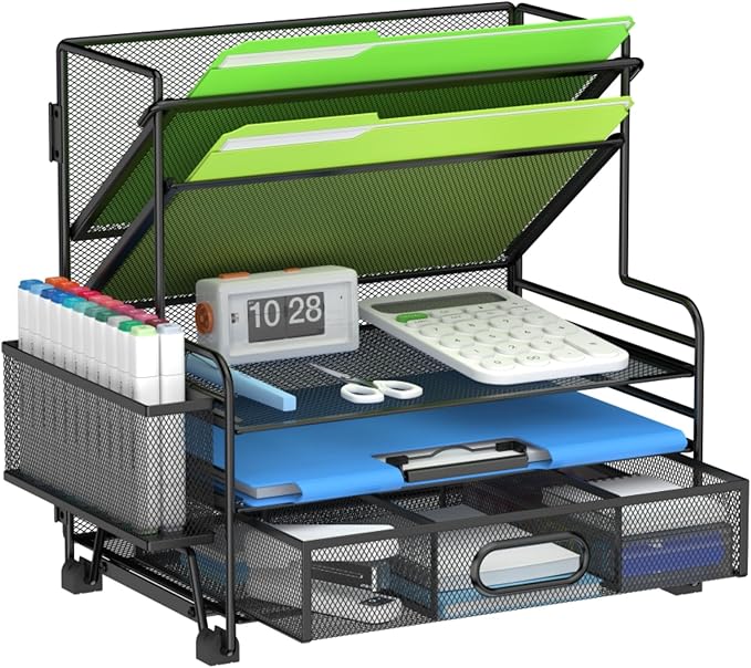 4-Tier Paper Organizer + 3-Pocket File Holder, Desktop File Organizers Paper Tray for Office School Classroom Workspace Organization (Black Desk Organizer)