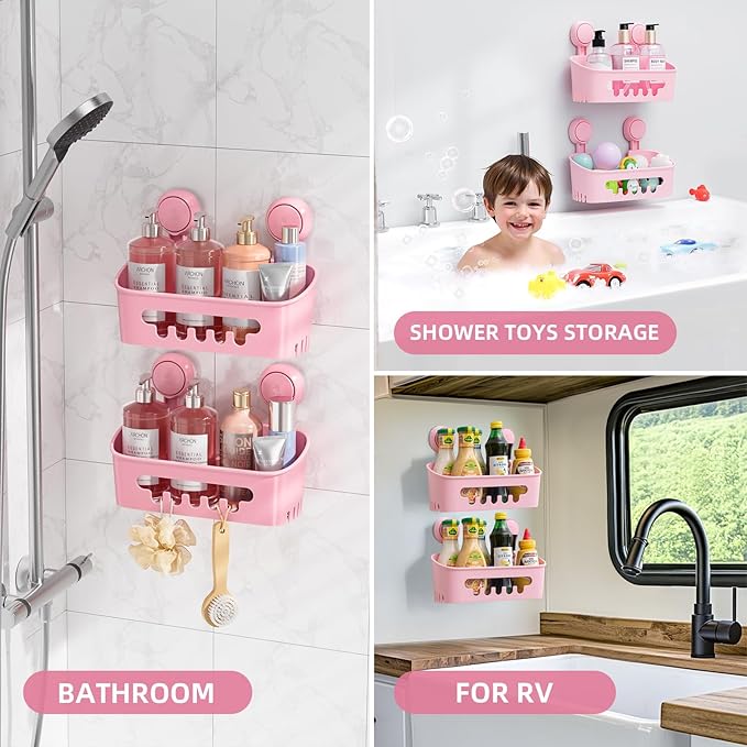 LEVERLOC Shower Caddy Suction Cup, Shower Organizer Removable Bathroom Shelf, Storage Suction Powerful Max Hold 22lbs Bathroom Caddy Waterproof Holder, Blue