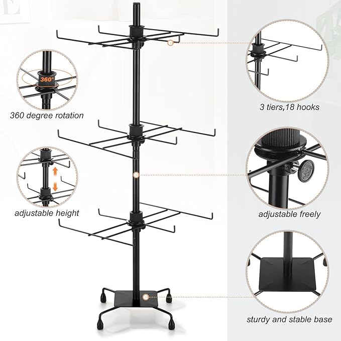 2 Pcs Jewelry Rotating Display Stand Adjustable Metal Earrings Bracelet Display Rack Hanging Jewelry Spinning Organizer Tree with Hooks for Vendor Events Selling(3 Tier,Black)