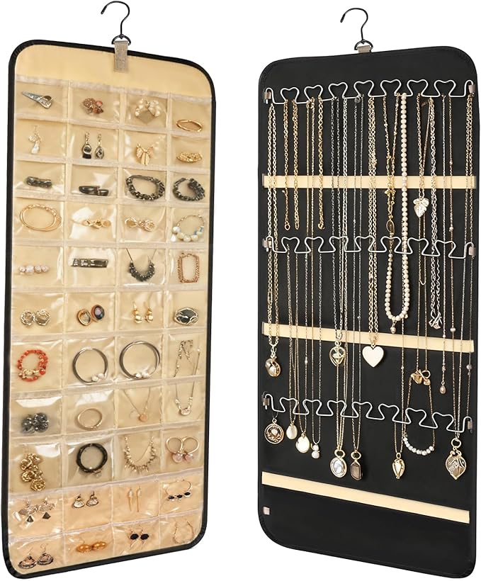 Jewelry Storage and Preservation Products, Double Sided Wall Mounted Necklace Rack with 48 Pockets, Earring Storage Box, Large Capacity Jewelry Hanger for Hanging Storage