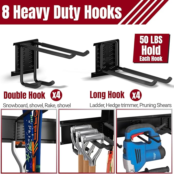 Garage Tool Organizer Wall Mount-66 Inch Heavy Duty Tool Storage Rack with 12 Hooks & 4 Storage Straps, Space Saving Wall Hanger for Garden & Shed Tools, Fits 16" Wall Studs