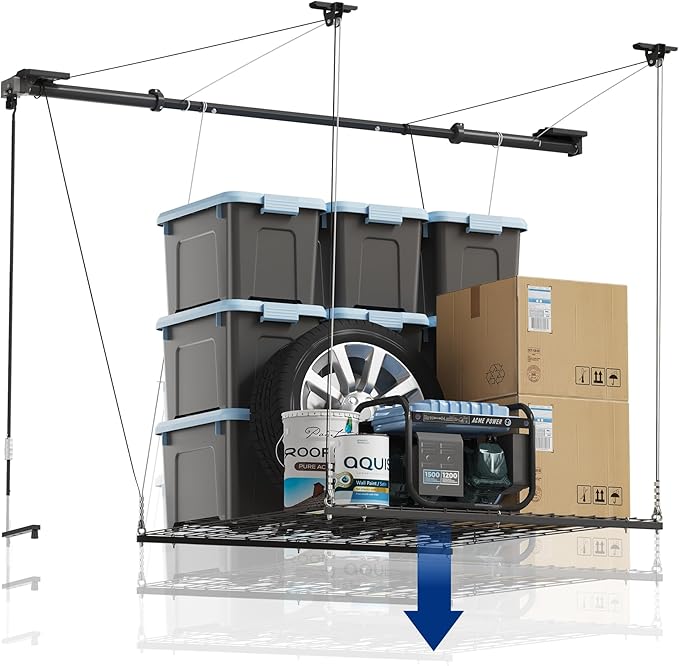 FLEXIMOUNTS GL1 Overhead Garage Lifting Storage Rack, 4x4 Ft Heavy-Duty Metal Storage Racks, Adjustable Garage Ceiling Organization System, 300lbs Weight, Polished Black