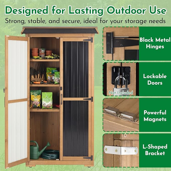 Outdoor Storage Cabinet, Wood & Metal Garden Cabinet with 3 Adjustable Shelf, Weather-Resistant Roof, Lockable Doors & Adjustable Feet for Patio, Garden, Farm (33" L x 21" W x 69" H)