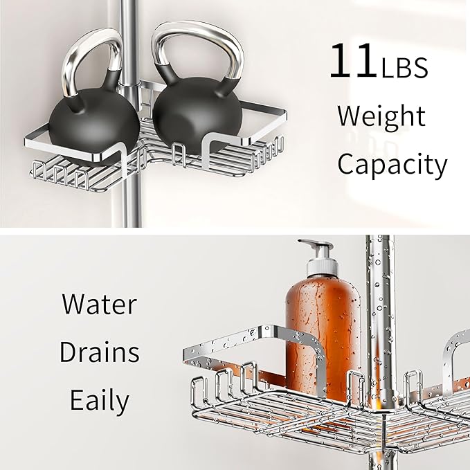 ZUNTO Shower Caddy Corner for Bathroom, Tension Pole, Adjustable 25in-114in Floor to Ceiling, Standing Shower Tension Rod Organizer, 4 Tier Bathroom Storage Shelves, Silver