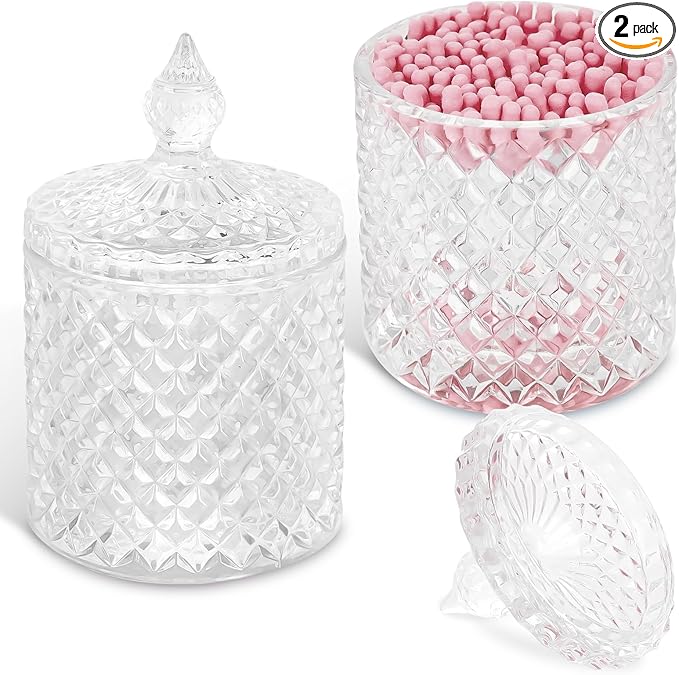 Jenseits 2-Pack Crystal Apothecary Jars with Lid, Cotton Ball Holders and Qtip Holder for Home Decor