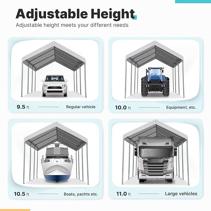 ADVANCE OUTDOOR 10x20 ft Heavy Duty Carport Potable Car Canopy Garage Party Tent Boat Shelter, Adjustable Height from 9.5 ft to 11 ft - Gray