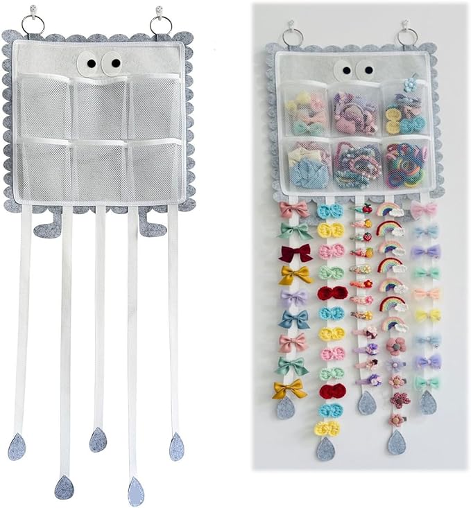 Hanging Hair Clip Organizer with Pockets for Hair Ties, Hair Bow Holder for Girls Barrettes, Scrunchies – Cute Hair Accessories Organizer for Kids & Toddlers（Gray