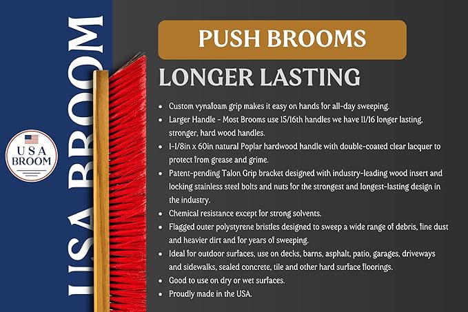 1-Pack - 24" Blue Everyday Sweep Indoor/Outdoor Push Broom with 60" Handle. Ideal for Garages & Shops. Durable American Made Steel Brackets-All Stainless Steel Hardware. No Plastic. 100% USA Made