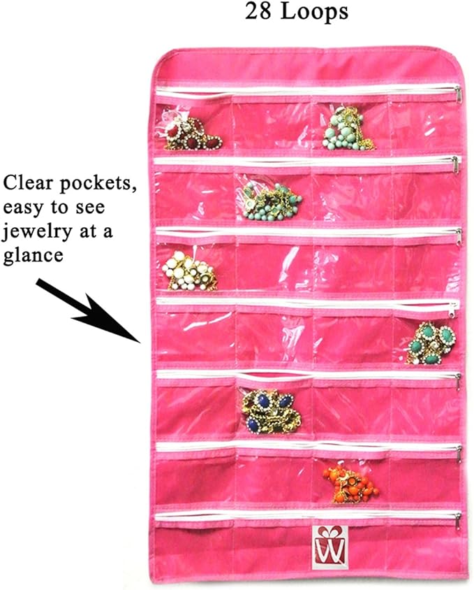 Wrapables® 28 Zippered Pockets Hanging Jewelry Organizer with 21 Holding Loops, Pink