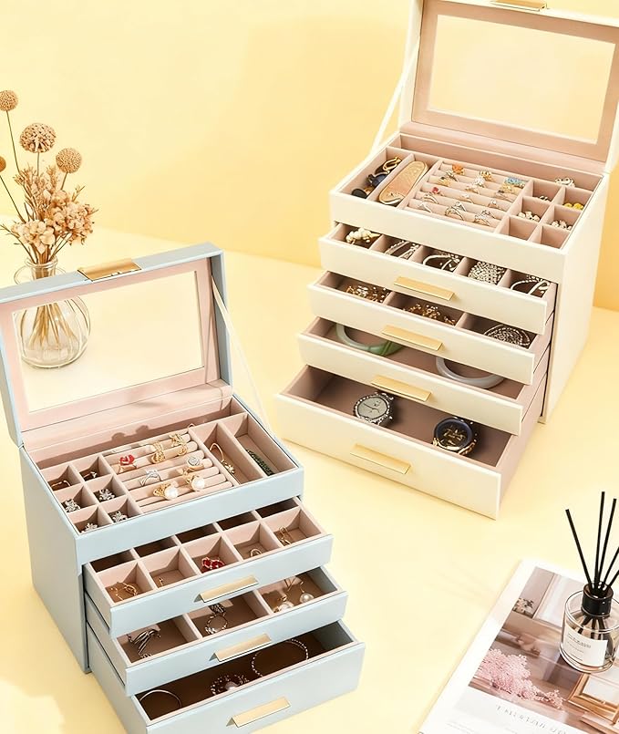 5 Layer Jewelry Box for Women, Glass Lid Jewelry Organizer with 5 Drawers for Necklaces Rings Earrings Bracelets - White (Gray blue)