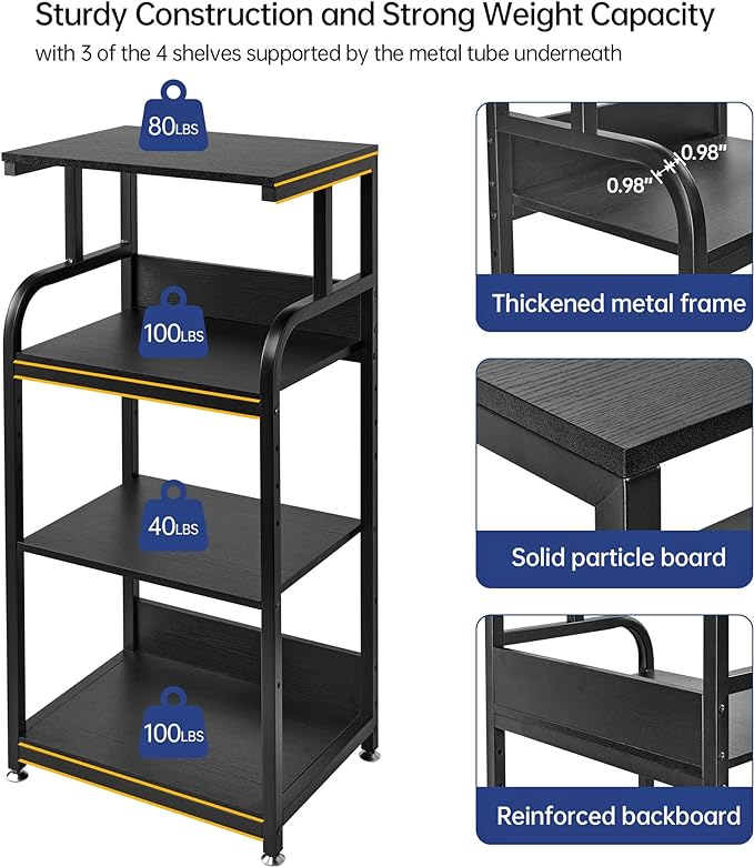 Printer Stand with Adjustable Shelf, 4 Tier Large Tall Printer Table with Wheels for Home Office Storage and Organization, Rolling Stand Cart for Computer Tower CPU Shredder, Black