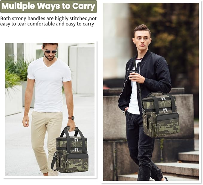 Insulated Lunch Bag & Lunch Box for Men - Double Deck Reusable Lunch Bag for Women Tote Cooler Bag Leakproof Soft Expandable - Extra Large Lunchbox for Work/Adult/Picnic/Outdoor (Camo，22L)