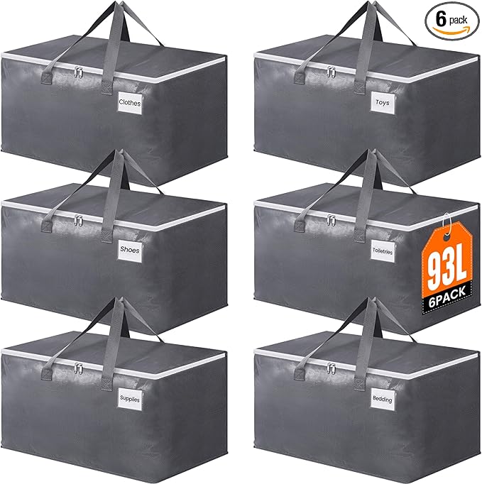 BlissTotes Large Moving Bags, Storage Bags with Zippers, Handles Moving Supplies with lids, Heavy Duty Totes for Storage Bags for Space Saving, Moving and Storing 93L, 6 Pack