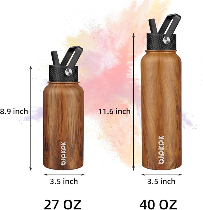 BJPKPK Insulated Water Bottles with Straw Lid, 27oz Stainless Steel Water Bottle with 3 Lids, Leak Proof BPA Free Metal Thermo, Mugs, Tumblers, Keep Cold Hot - Teakwood