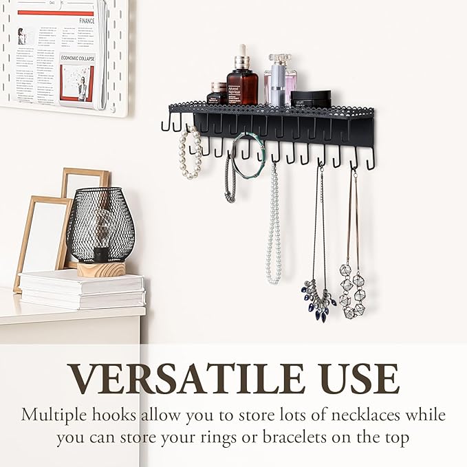 MyGift 15 Inch Wall Mounted Matte Black Metal Jewelry Organizer & Display Shelf with Vintage Lace Design, Hanging Perfume Storage and 26 Hook Necklace Hangers