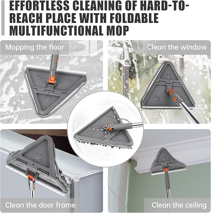 Baseboard Cleaner Tool with Handle, Folding Wall Mop with 86" Extension Pole, Swivel Wall Cleaner Mop with Squeegee, 8 Reusable Pads for Baseboard, Wall, Ceiling, Window, Floor, Furniture
